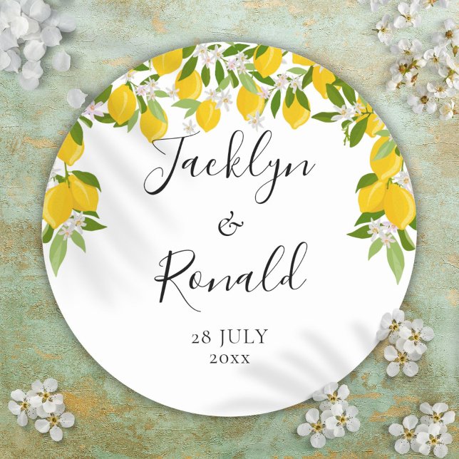 Sticker Rond Mariage verdure Fleur d'Oranger Citron (Lemon Blossom Greenery Wedding Classic Round Sticker)