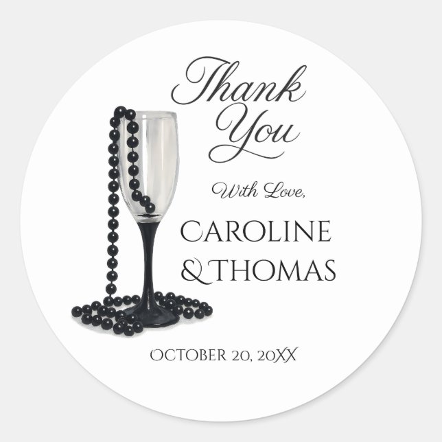 Sticker Rond Mariage Verre à Champagne Perle Noir & Blanc (Devant)