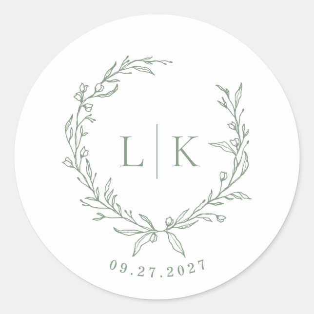 Sticker Rond Mariage vert de la tige de monogramme (Devant)