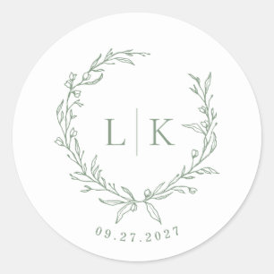 Sticker Rond Mariage vert de la tige de monogramme