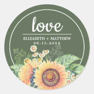 Sticker Rond Mariage vert des tournesols rustiques