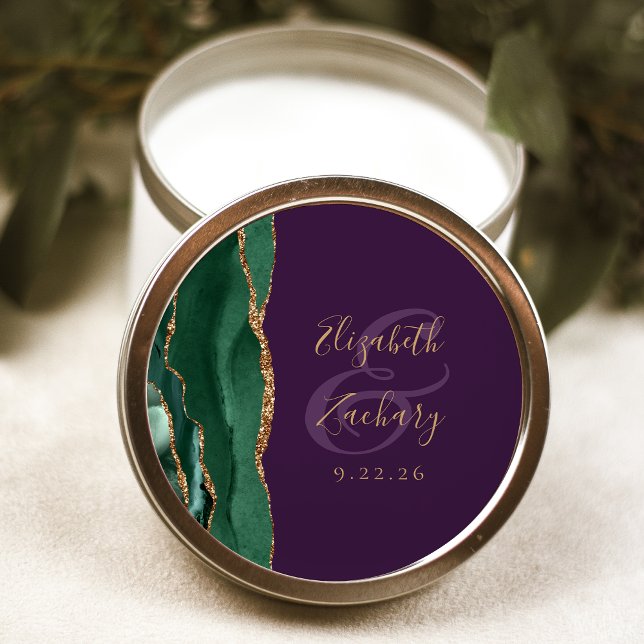 Sticker Rond Mariage Vert Émeraude Or Agate Violet Script (Créateur téléchargé)