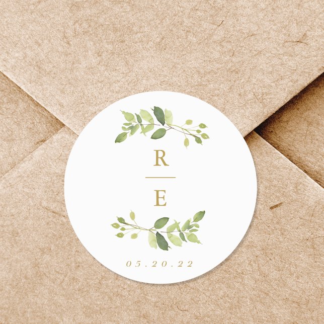 Sticker Rond Mariage Vert et Or Initial (Créateur téléchargé)