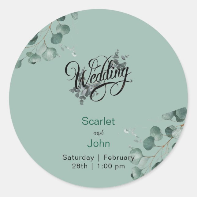 Sticker Rond Mariage vert eucalyptus de sauge d'aquarelle moder (Devant)