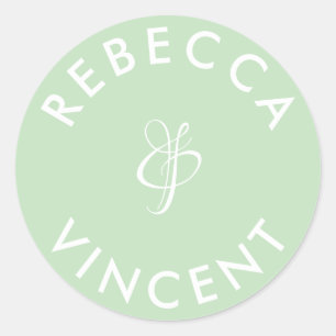 Sticker Rond Mariage Vert Menthe Minimaliste Noms Personnalisés