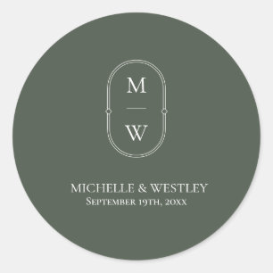 Sticker Rond Mariage vert monogramme minimaliste