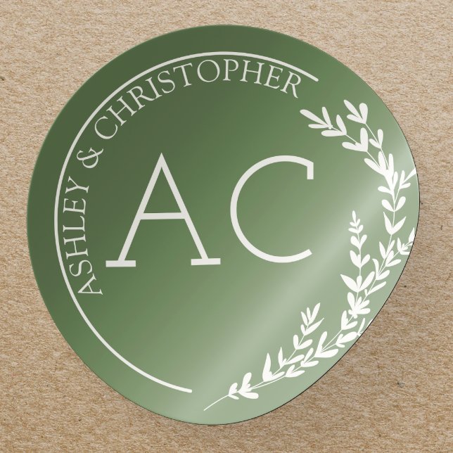 Sticker Rond Mariage vert Muet de cadre de feuillage moderne (Créateur téléchargé)