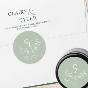 Sticker Rond Mariage vert pâle Monogramme Enveloppe Sceau / Fav