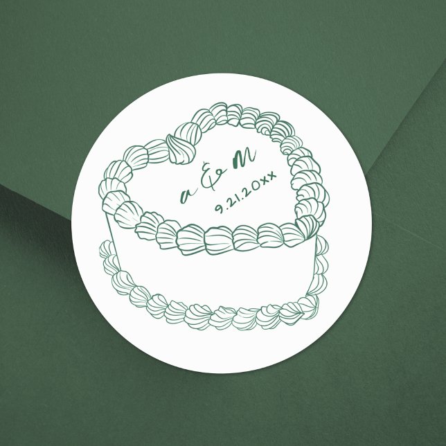 Sticker Rond Mariage Vert Rétro Dessiné à la Main Gâteau Fantai (Hand Drawn Vintage Cake Green Whimsical Wedding Classic Round Sticker )