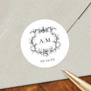 Sticker Rond Mariage Victorien au Blason Floral Baroque Vintage