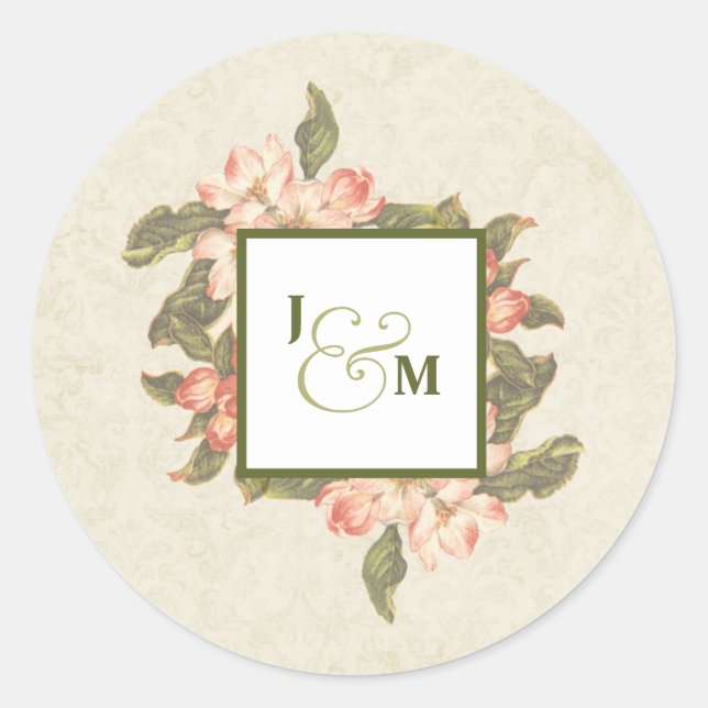 Sticker Rond Mariage vintage Apple Blossom | Initiales (Devant)