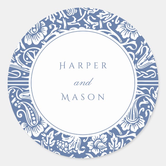Sticker Rond Mariage Vintage Bleu William Morris (Devant)