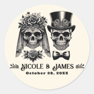 Sticker Rond Mariage Vintage Crâne Noir & Or Crème 