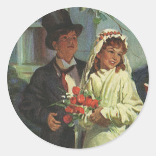 Sticker Rond Mariage Vintage, Des Enfants Jouent les Mariés