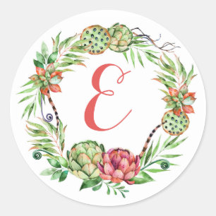 Sticker Rond Mariage vintage Floral Succulent Monogramme