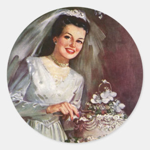 Sticker Rond Mariage Vintage, Mariée coupant le gâteau de maria