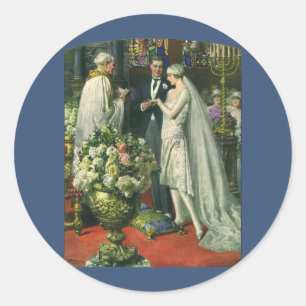 Sticker Rond Mariage Vintage, Mariée et Marié avec Ménorah