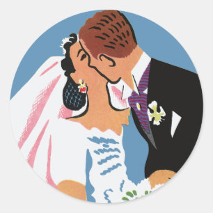 Sticker Rond Mariage Vintage, Mariée et Marié Rétro S'embrassan