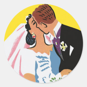Sticker Rond Mariage Vintage, Mariés s'embrassant