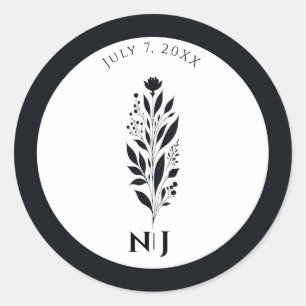 Sticker Rond Mariage Vintage Moderne Fleurs Hautes Noir & Blanc