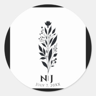 Sticker Rond Mariage Vintage Moderne Fleurs Hautes Noir & Blanc