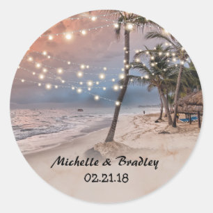 Sticker Rond Mariage Vintage Tropical Plage Guirlande Lumineuse