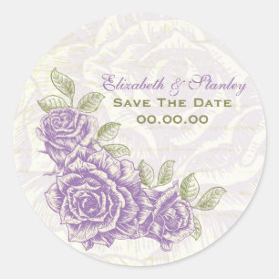Sticker Rond Mariage vintage violet rose Enregistrer l'autocoll