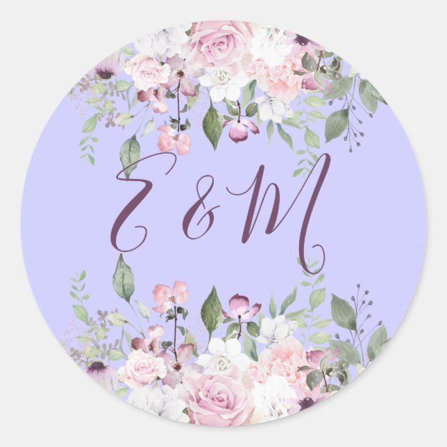 Sticker Rond Mariage violet Floral Monogramme été (Devant)
