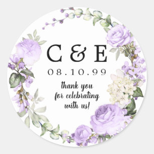 Sticker Rond Mariage violet Floral Monogramme Merci