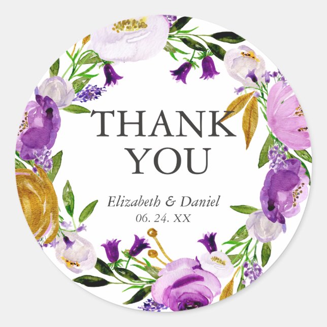 Sticker rond Mariage violet & or Merci (Devant)