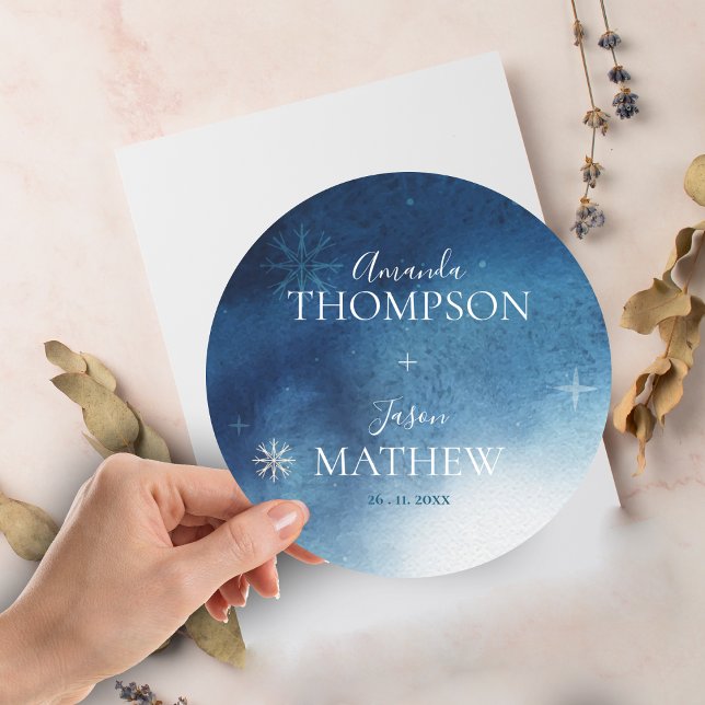 Sticker Rond Mariage Whimsical Blue Snowflake (Whimsical Blue White Snowflake Wedding Classic Round Sticker)