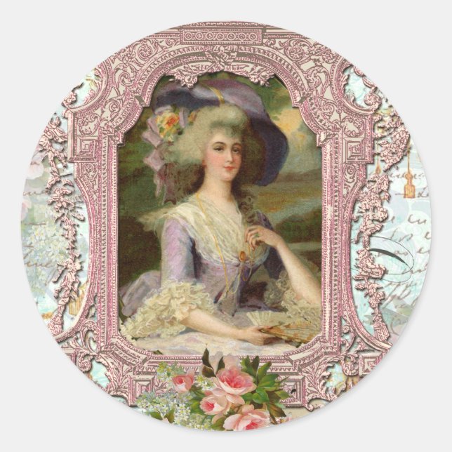 Sticker Rond Marie Antoinette dans le cadre rose (Devant)