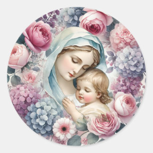 Sticker Rond Marie et Jésus Floral Vintage Religieux