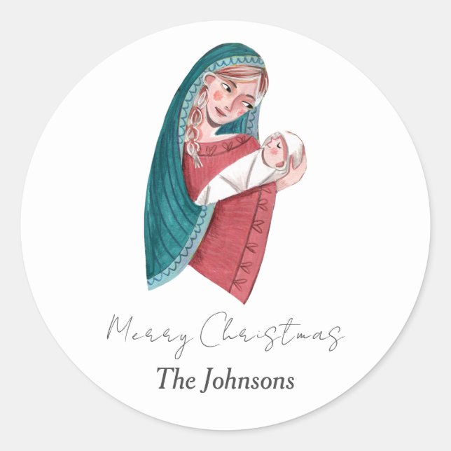 Sticker Rond Marie religieuse & bébé Jésus Noël (Devant)