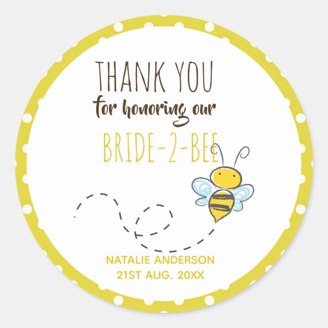 Sticker Rond Mariée 2 BEE Mignonne Jaune à pois Blanc Mariage S (Devant)