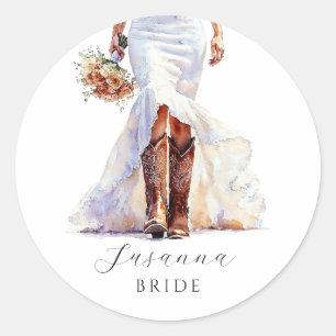 Sticker Rond Mariée Cowgirl Bottes Robe de Mariage 