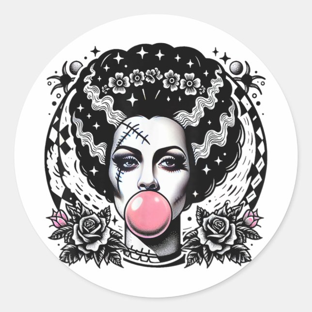 Sticker Rond Mariée De Frankenstein Bubble Gum Monstre Hallowee (Devant)
