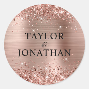 Sticker Rond Mariée et marié en feuille d'or rose pailletée pou