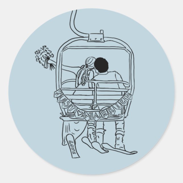 Sticker Rond mariée et marié sur dessin de télésiège (Devant)