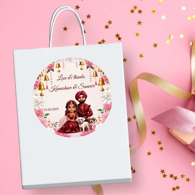 Sticker Rond Mariée indienne avec chiens de caricature favoriti (Indian bridal couple with dogs caricature Indian wedding favors personalized favor sticker template)