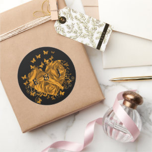 Sticker Rond Mariée & Marié Papillons Tourbillons Cœur Doré