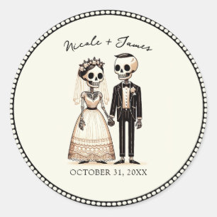 Sticker Rond Mariée squelette de dessin animé + Mariage fantais