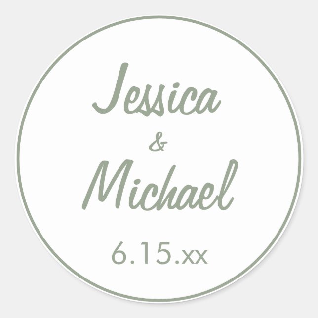 Sticker Rond Mariée Verte Sage Époux Script Mariage (Devant)