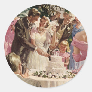 Sticker Rond Mariés de mariage vintage coupent le gâteau