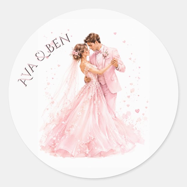 Sticker Rond Mariés rose et mariée dansant Mariage (Devant)
