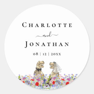 Sticker Rond Mariés T-Rex drôles & Mariage personnalisé de dino