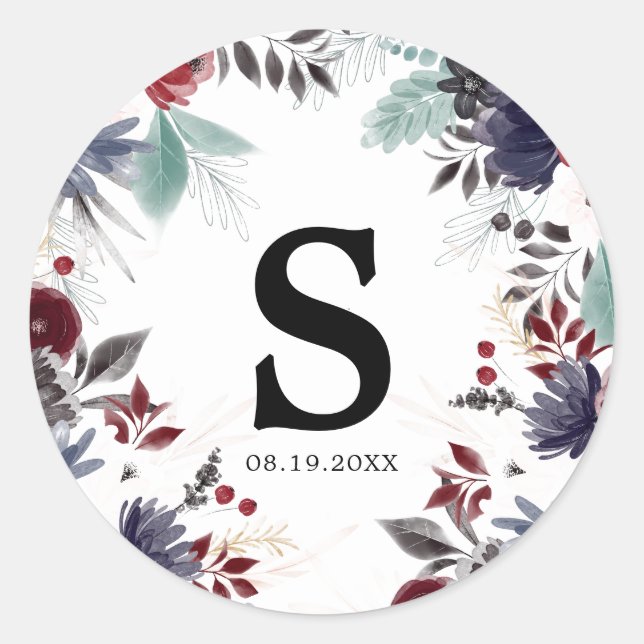 Sticker Rond Marine Bleu Bourgogne Rouge Gothique Floral Mariag (Devant)