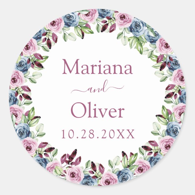 Sticker Rond Marine Bleu Burgundy Vin Aquarelle Floral Mariage (Devant)