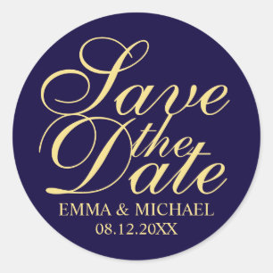 Sticker Rond Marine Bleu et or Mariage élégant Enregistrer la d