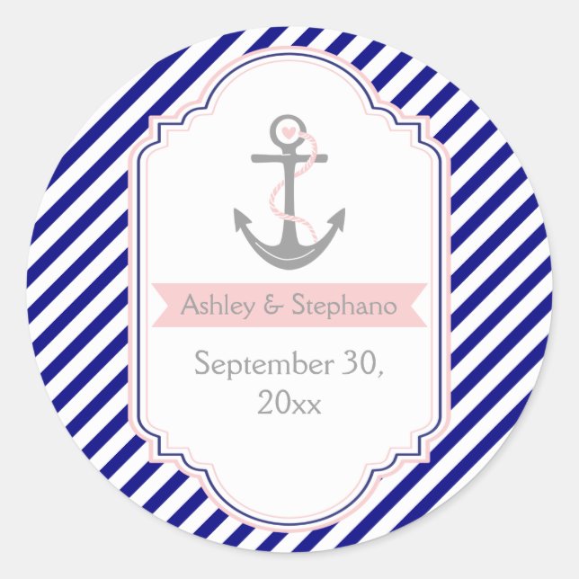 Sticker Rond Marine bleu, mariage nautique rose Enregistrer la  (Devant)